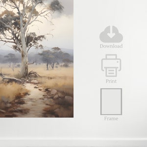 Gum tree painting in digital format to print. Muted tones and vintage aesthetic. Australian landscape in portrait format.