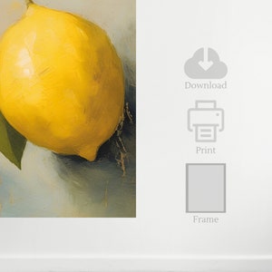 Beautiful close-up lemon fruit still life colour digital image of a painting, showing lemons on a branch in a rustic setup. Staged on a neutral background. Green leaves visible. Vintage overall mood to the image. TV frame for display