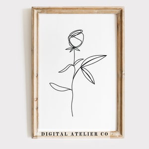 Fleur de naissance rose juin dessin au trait maison fleur imprimable dessin au trait ligne continue art mural affiche noir blanc fleur impression floral affiche
