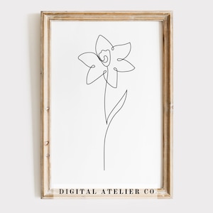 Flor de nacimiento Diciembre Narciso Dibujo de una línea Inicio Arte lineal de flores imprimible Línea continua Arte de pared Impresión en blanco y negro Póster floral