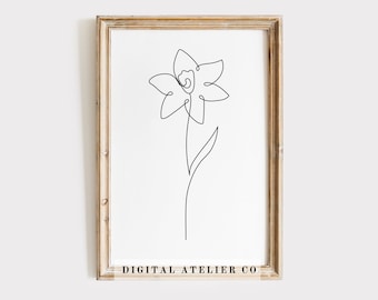 Birth Flower December Narcissus One Line Drawing Home Printable Flower Line Art Continuous Line Wall Art Black and White Print Floral Poster