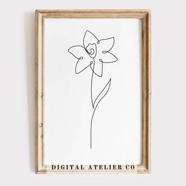 Fleur de naissance décembre Narcisse One Line Drawing Home Imprimable Flower Line Art Ligne continue Wall Art Noir et blanc Print Floral Poster