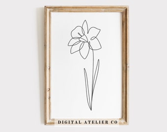 Birth Flower March Daffodil Line Drawing Home Printable Flower Line Art Continuous Line Wall Art Black and White Flower Floral Poster | 1015
