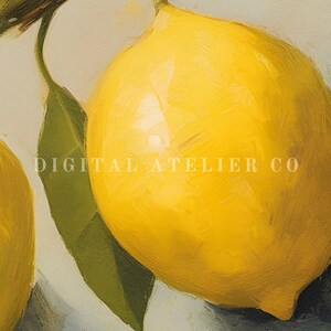 Beautiful close-up lemon fruit still life colour digital image of a painting, showing lemons on a branch in a rustic setup. Staged on a neutral background. Green leaves visible. Vintage overall mood to the image.