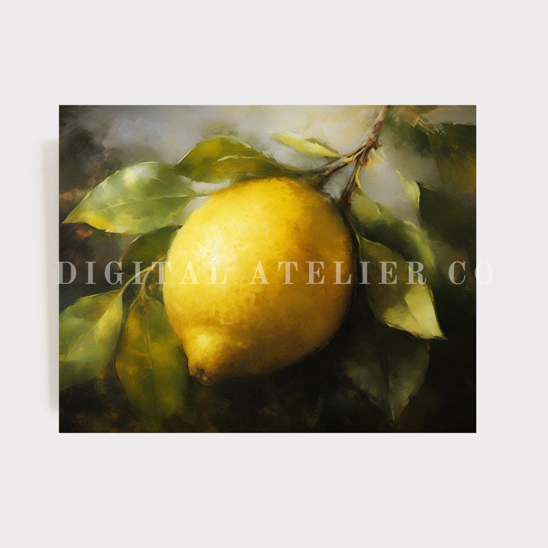 Beautiful close-up fruit still life colour digital image of a painting, showing a lemon in a rustic setup. Staged on a branch with green leaves visible. Vintage overall mood to the image.