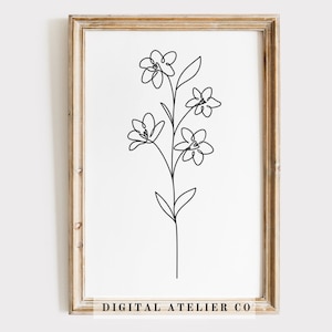 Larkspur julio nacimiento flor línea dibujo hogar imprimible flor línea arte línea continua arte de la pared blanco y negro arte floral cartel floral 1021