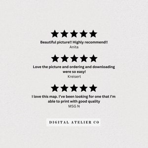 May include: Five-star reviews for a digital art print shop. The reviews highlight the quality of the prints and the ease of ordering. The shop name is "Digital Atelier Co."
