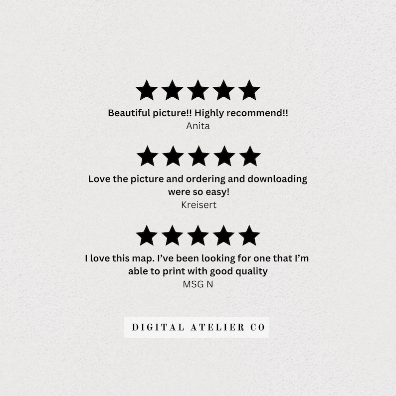 May include: Five-star reviews for a digital art print shop. The reviews highlight the quality of the prints and the ease of ordering. The shop name is "Digital Atelier Co."