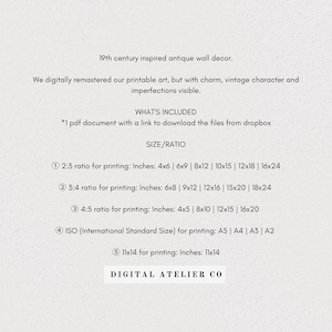 May include: A printable art guide with a list of different sizes and ratios for printing. The guide includes sizes in inches and international standard sizes like A5, A4, A3, and A2. The text reads "19th century inspired antique wall decor. We digitally remastered our printable art, but with charm, vintage character and imperfections visible. What's included: *1 pdf document with a link to download the files from dropbox. Size/Ratio"