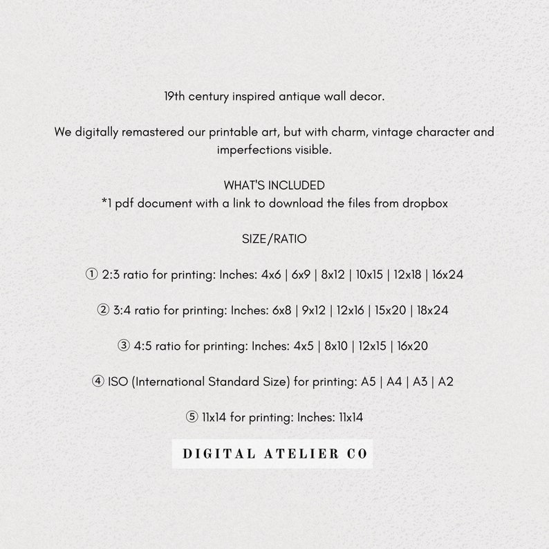 May include: A printable art guide with a list of different sizes and ratios for printing. The guide includes sizes in inches and international standard sizes like A5, A4, A3, and A2. The text reads "19th century inspired antique wall decor. We digitally remastered our printable art, but with charm, vintage character and imperfections visible. What's included: *1 pdf document with a link to download the files from dropbox. Size/Ratio"
