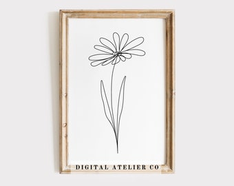 Birth Flower April Daisy Line Drawing Flower Line Art Home decor Continuous Line Wall Art Black and White Print Floral Poster Botanical art