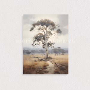 Gum tree painting in digital format to print. Muted tones and vintage aesthetic. Australian landscape in portrait format.