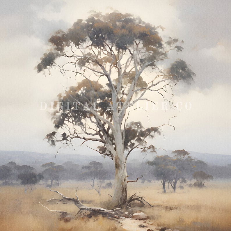 Gum tree painting in digital format to print. Muted tones and vintage aesthetic. Australian landscape in portrait format.