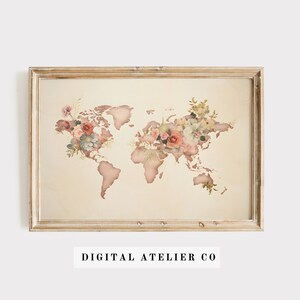 Mapa del mundo estilo vintage con flores, impresión de mapa artístico decorativo en tono terroso, decoración de arte de inspiración floral, decoración de sala de estar imprimible 2231