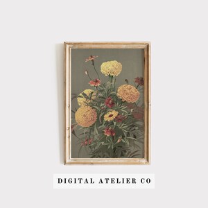 Vintage Marigold Still life Flower print | Antique Flowers in Vase Illustration | Vintage Botanical | Rustic European Wall Art | 2133