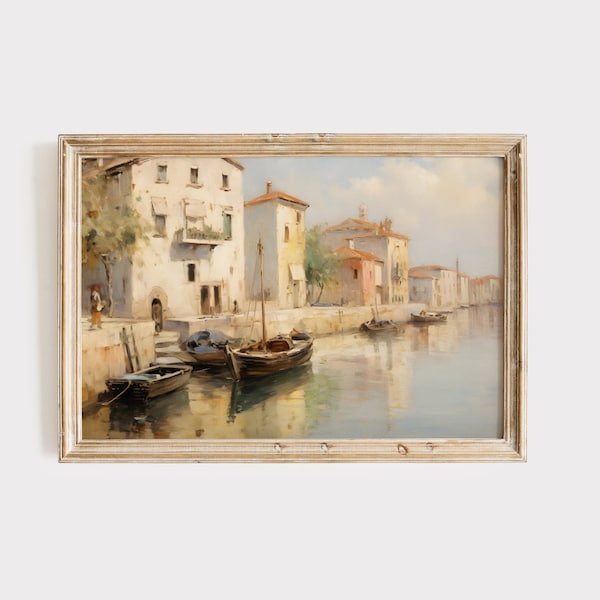 Venice painting of Grand Canal in Italy, Boat on canal art, Mediterranean Landscape Art print 2233