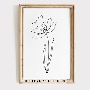 Geburt Blume März Narzisse Linie Zeichnung Zuhause druckbare Blume Linie Kunst Kontinuierliche Linie Wandkunst Schwarzweiß-Blumendruck-Blumenplakat