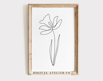 Birth Flower March Daffodil Line Drawing Home Printable Flower Line Art Continuous Line Wall Art Black and White Flower Print Floral Poster