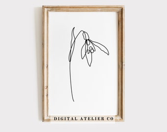 January Birth Flower Snowdrop Line art Drawing Home Printable Decor Flower Line Art Continuous Line Wall Birthday gift Floral Poster 1001