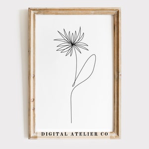 Nacimiento Flor Septiembre Aster Línea Dibujo Decoración del hogar Imprimible Flor Línea Arte Línea Continua Arte de la pared Impresión en blanco y negro Cartel floral