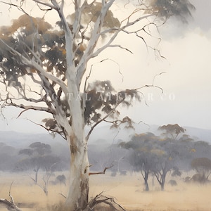 Gum tree painting in digital format to print. Muted tones and vintage aesthetic. Australian landscape in portrait format.