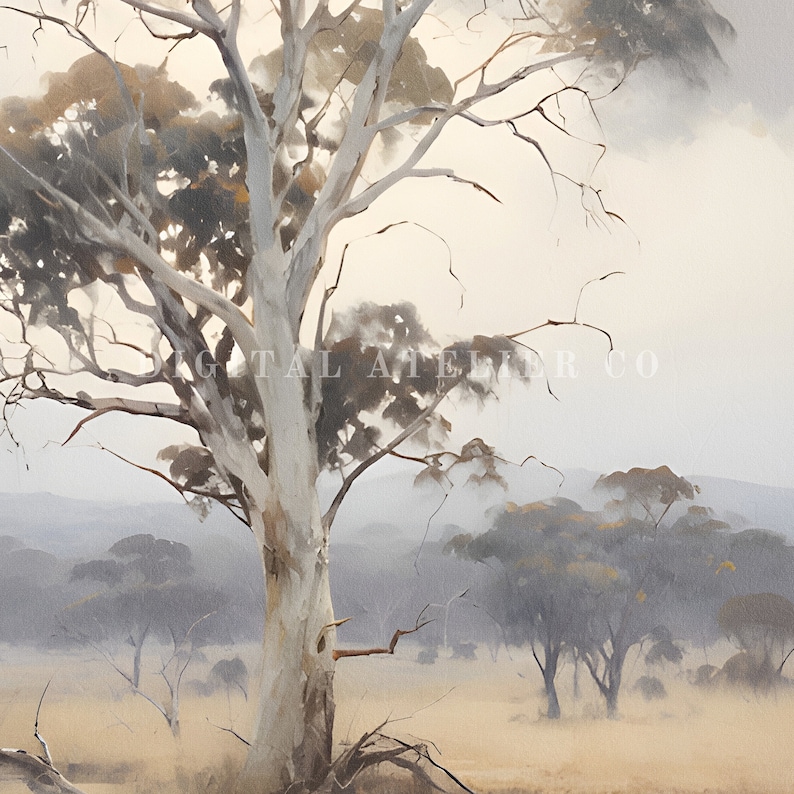 Gum tree painting in digital format to print. Muted tones and vintage aesthetic. Australian landscape in portrait format.