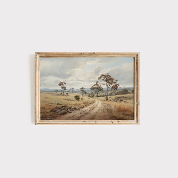Vintage Australian landscape print painting with gum trees and a road leading into the distance 2271
