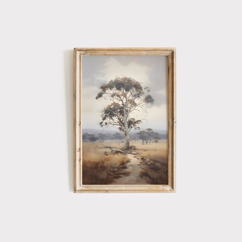 Gum tree painting in digital format to print. Muted tones and vintage aesthetic. Australian landscape in portrait format.
