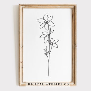 Larkspur juillet naissance fleur dessin au trait fleur cadeau d’art pour son art mural en ligne continue noir blanc fleur art affiche florale | 1019