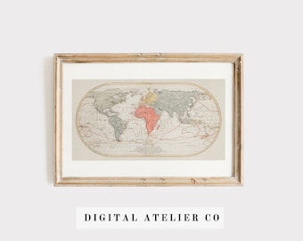 Vintage World Map Poster, Ancient Nautical Travel Decor (Digital Download)