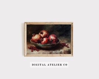 Vintage Pomegranate Fruit Print Painting Kitchen Print Still Life Rustic Fruit Bowl Printable Home decor Vibrant art print Antique 2174