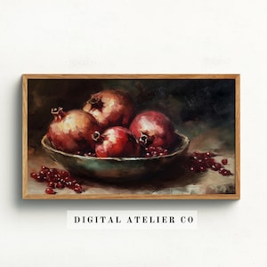 Vintage Dark Moody Fruit painting Samsung Frame TV Art Pomegranate Dark Eclectic Still Life Rustic Fruit Wall Decor Antique Wall Art 2174