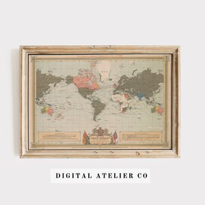 Mapa mundial detallado vintage, cartel de viaje antiguo, regalo imprimible, decoración de la pared del salón, día del padre 2241