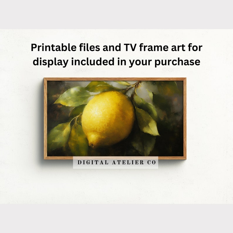Beautiful close-up fruit still life colour digital image of a painting, showing a lemon in a rustic setup. Staged on a branch with green leaves visible. Vintage overall mood to the image. TV frame art