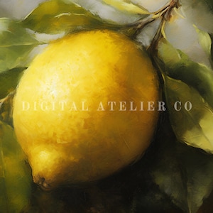 Beautiful close-up fruit still life colour digital image of a painting, showing a lemon in a rustic setup. Staged on a branch with green leaves visible. Vintage overall mood to the image.