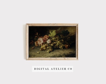 May include: A framed vintage still life painting of a bunch of green grapes and pink flowers on a dark background.
