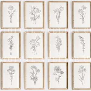 Mes de nacimiento flor impresión arte conjunto idea instantánea imprimible para mamá abuela arte digital línea de nacimiento arte tatuaje impresión decoración pared arte conjunto / S01