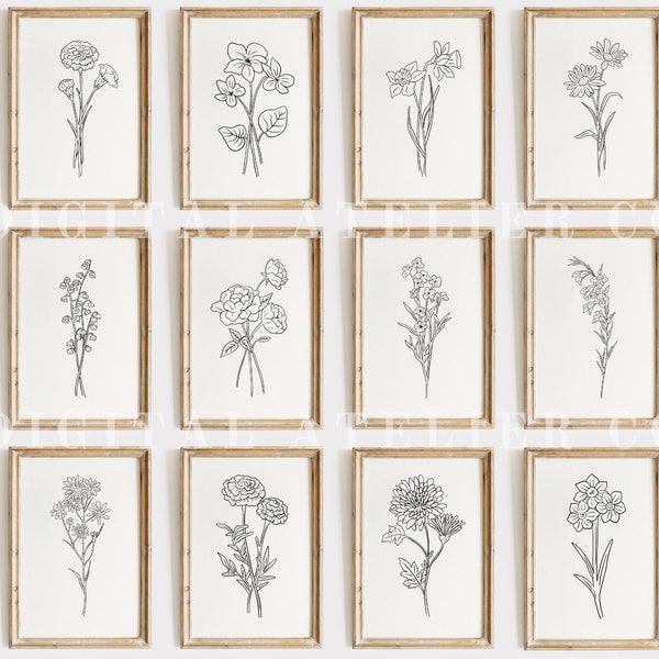 Geburtsmonat Blume Print Art Set Idee Sofort druckbar für Mama Oma Digitales Kunstwerk Geburt Linie Kunst Tattoo Print Dekor Wand Kunst Set | S01