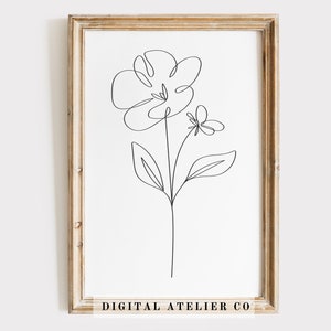 Geburt Blume Februar Violet Linie Zeichnung Haus Druckbare Blume Linie Kunst Kontinuierliche Linie Wand Kunst Monochrome Blumen Druck Floral Poster 1017