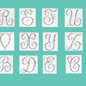 May include: A set of 10 printable alphabet letters in a decorative script font with ornate flourishes. The letters are R, S, F, U, V, X, Y, Z, B, and D. The letters are in black and white and are on a white background.
