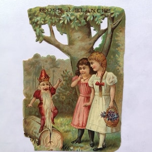 Antique Victorian collectible children's story die cut card. Chocolate de l'Univers. Rose et Blanche. Papier canari. Vintage die cut.