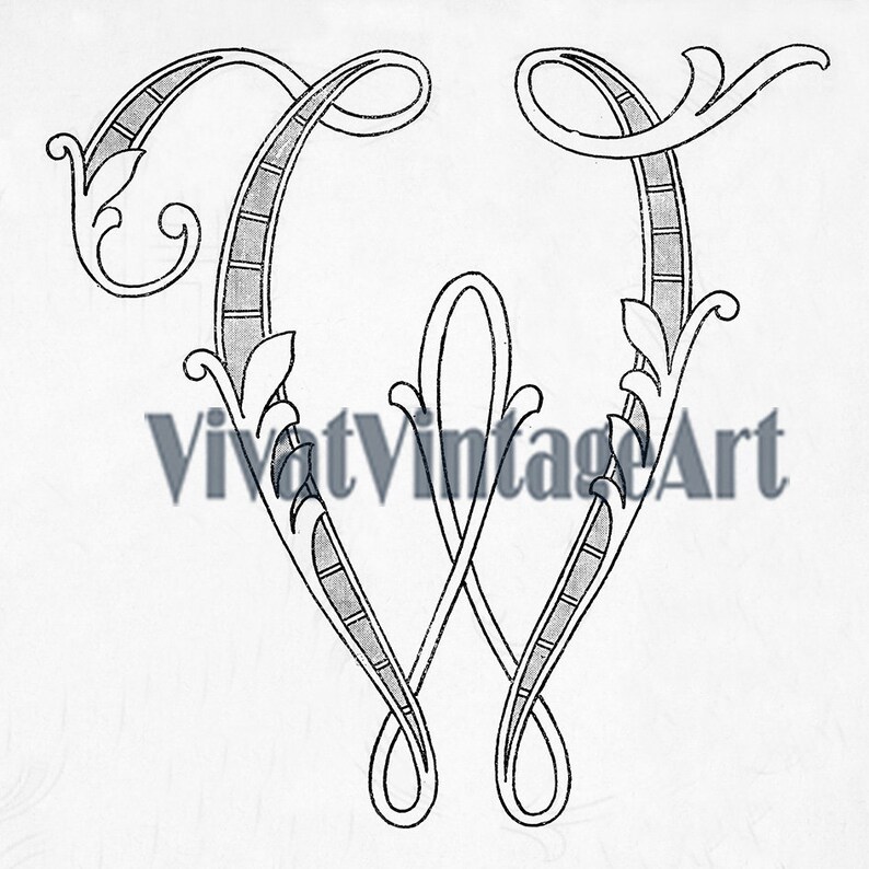 May include: A decorative, stylized, black and white illustration of the letter W with ornate flourishes.