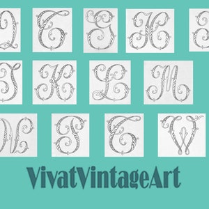 May include: A set of 12 black and white illustrations of cursive letters with decorative flourishes. The letters are Q, C, G, H, J, T, K, L, M, S, T, and V. The letters are arranged in a grid pattern. The text "VivatVintageArt" is at the bottom of the image.