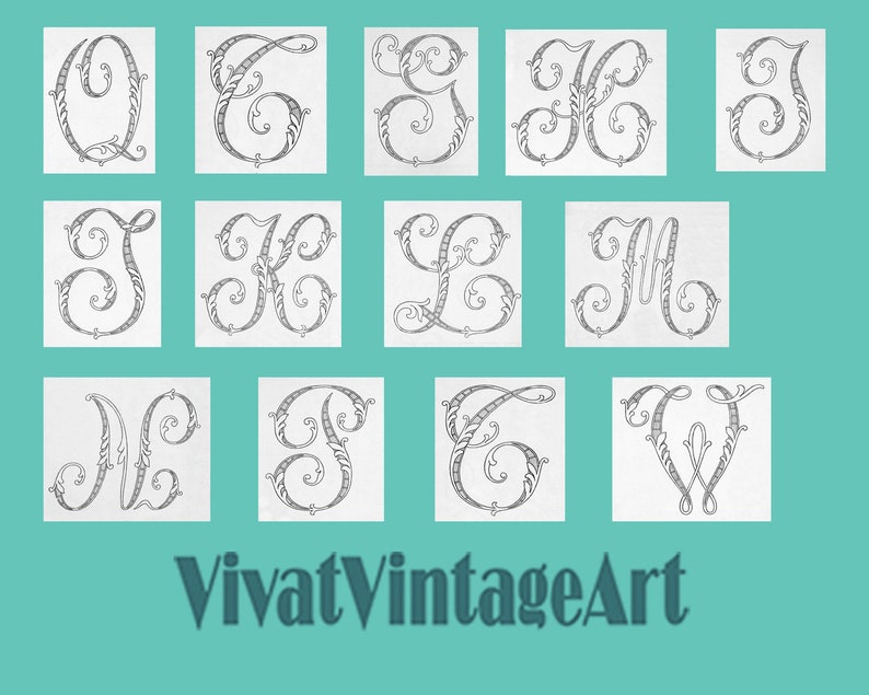 May include: A set of 12 black and white illustrations of cursive letters with decorative flourishes. The letters are Q, C, G, H, J, T, K, L, M, S, T, and V. The letters are arranged in a grid pattern. The text "VivatVintageArt" is at the bottom of the image.