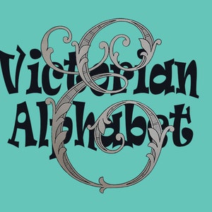 May include: A decorative design featuring the words "Victorian Alphabet" in a black font with a silver ornate flourish.