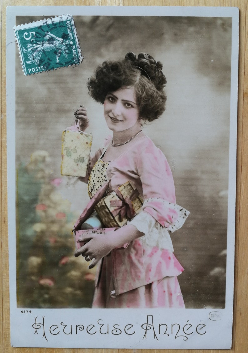 Original antique French postcard Original vintage postcard Lady with presents 1900s vintage Glossy finish