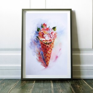 Pintura original em aquarela de cone de sorvete, cone de flores de sorvete