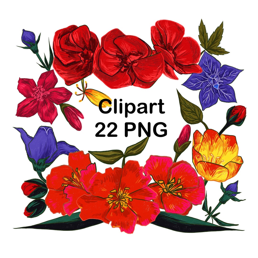 Flower Clip Art, Hand Drawn Flower Clipart, Red Flowers,colourful Clip