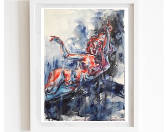 Mujer desnuda, Retrato original en acuarela, Retrato abstracto en acuarela, Decoración de pared abstracta pintada a mano