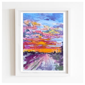 Original Aquarell Landschaft, Sonnenuntergang Gemälde, Himmel Kunstwerk